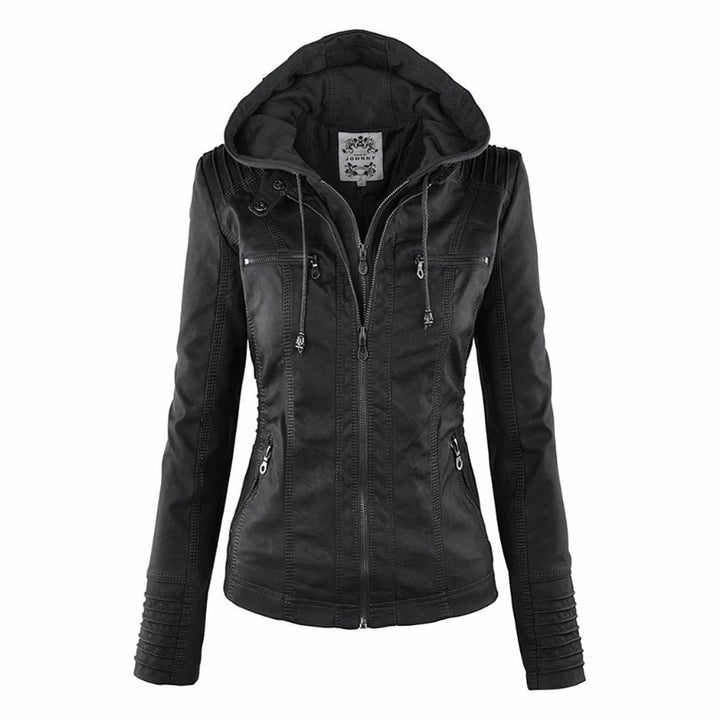 Jaqueta feminina biker em couro sintético com capuz, ideal para um look moderno de moda urbana.