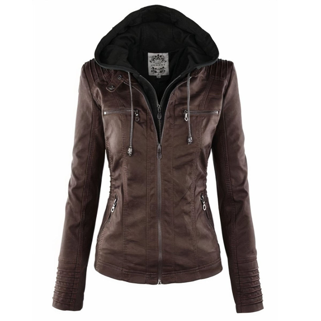 Casaco feminino de couro sintético, modelo biker com capuz, essencial para outono/primavera urbano.