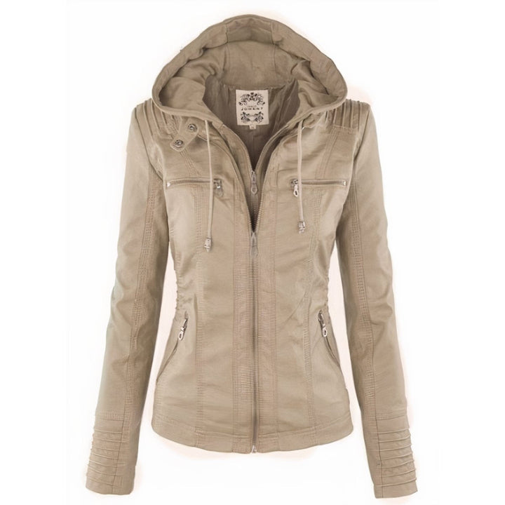 Jaqueta biker feminina em couro sintético com capuz, para um estilo cool e versátil no dia a dia.