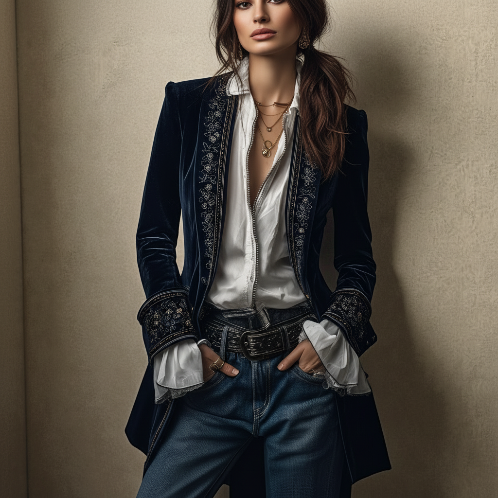 Casaco feminino de veludo longo bordado, peça elegante para moda inverno.