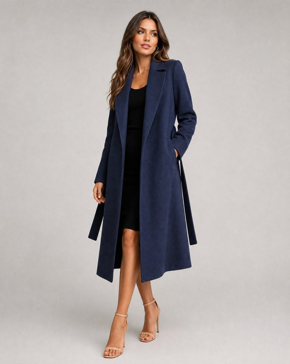 Trench coat feminino comprido e elegante, com cinto ajustável, ideal para um look sofisticado de outono/inverno.