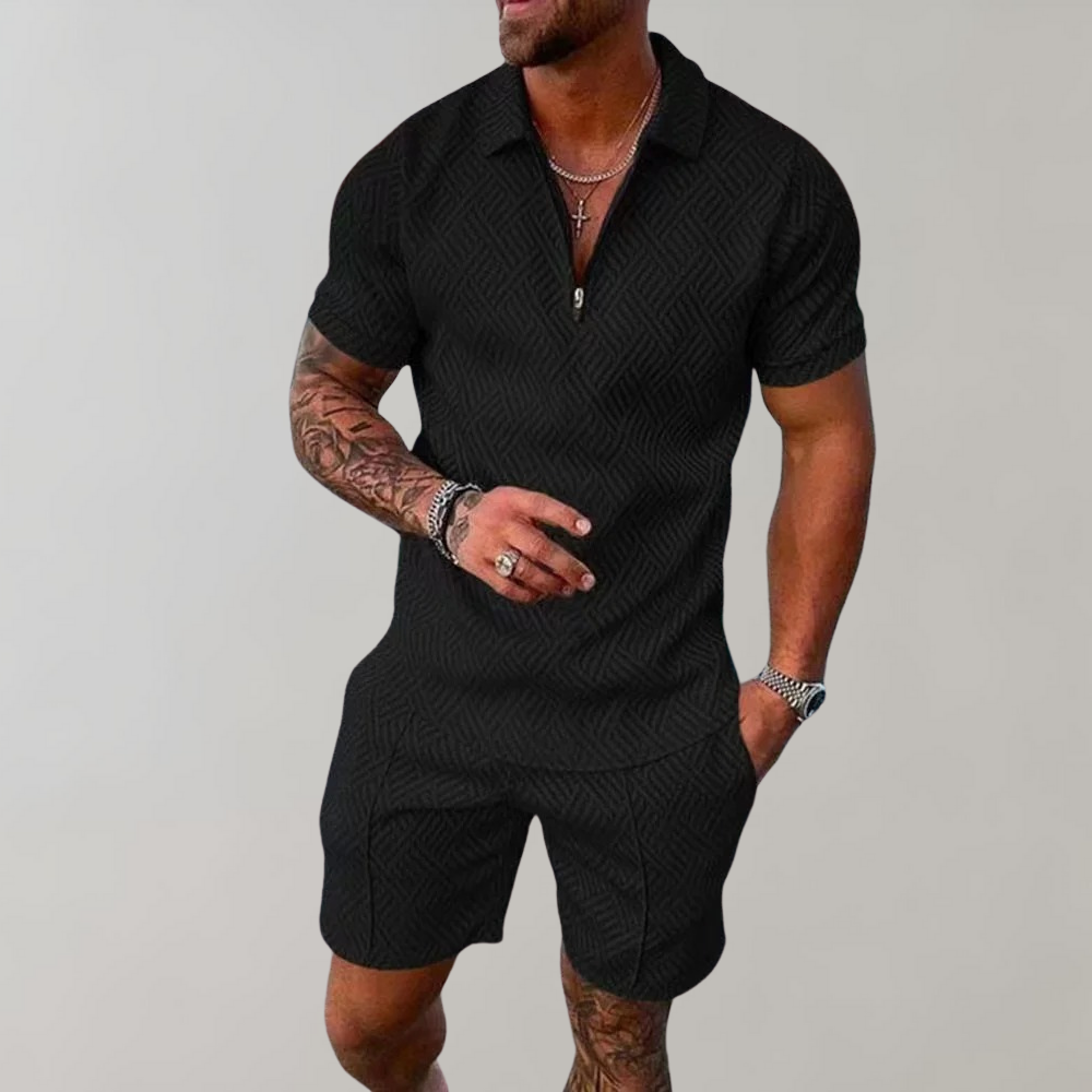 Conjunto masculino slim fit para verão com shorts e camiseta de manga curta, ideal para estilo descontraído.