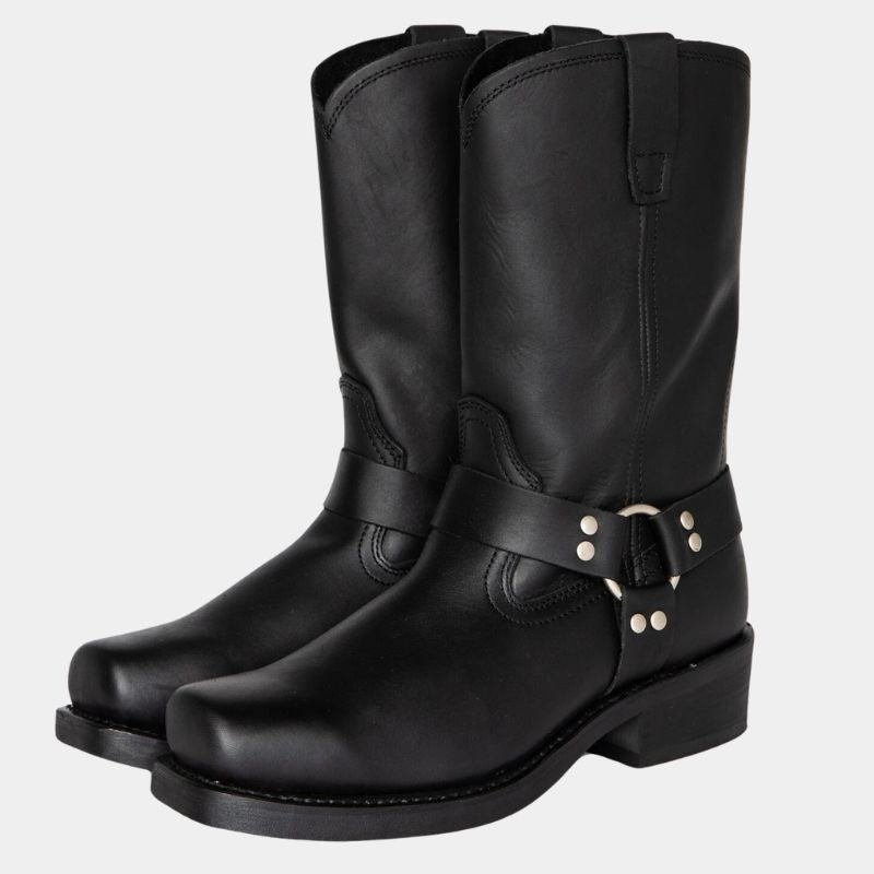 Calçado feminino: Botas cowboy cano alto estilo biker. Perfeitas para um look western moderno e arrojado.