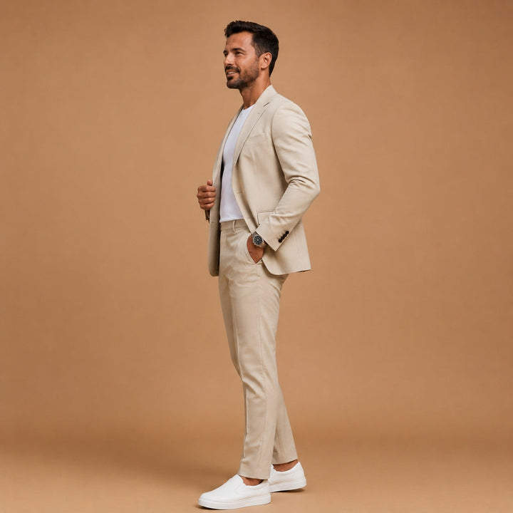 Fato azul masculino slim fit com lapela clássica. Design moderno e sofisticado para eventos formais e negócios.