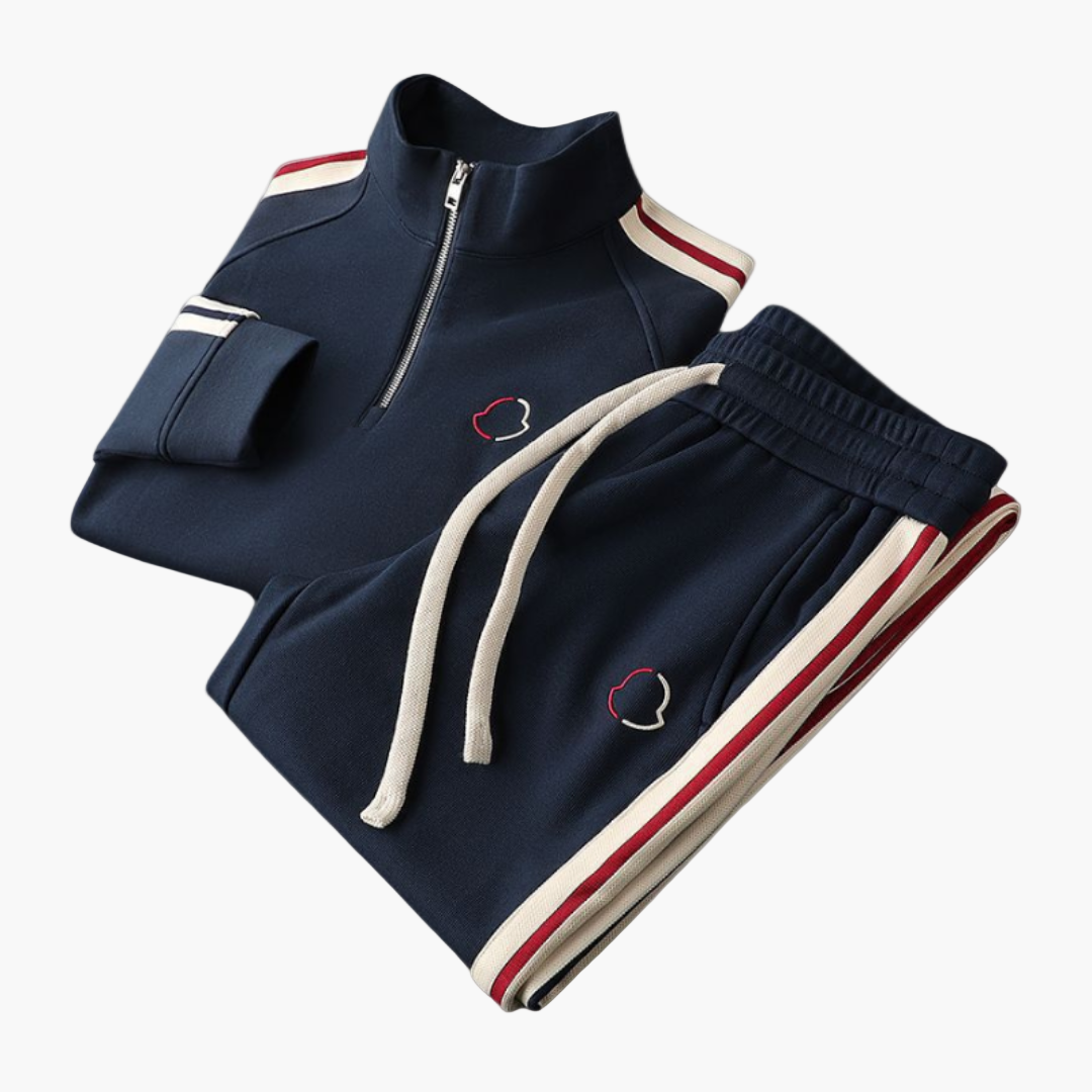 Fato de treino masculino elegante com semi-zip e riscas, para desporto e lazer.