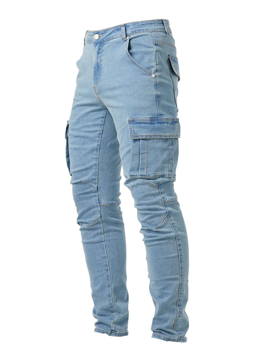 Jeans Cargo Masculino Slim Fit com múltiplos bolsos funcionais, ideal para moda urbana e estilo casual.
