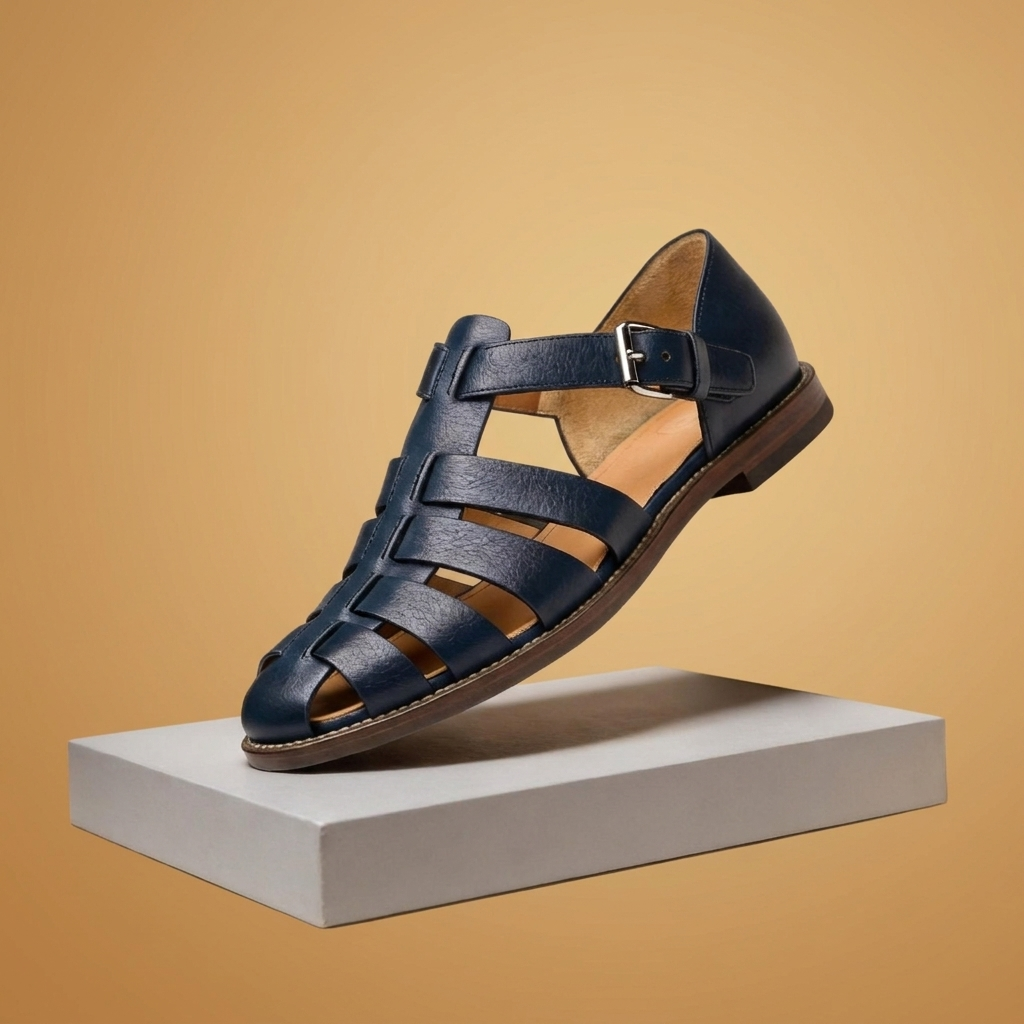 Sandálias de pescador masculinas em couro marrom com tiras e fivela. Perfeitas para verão e uso casual.