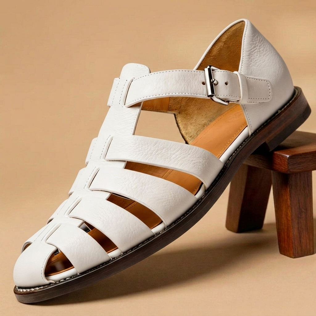 Sandálias masculinas em couro, modelo pescador com tiras. Calçado versátil para verão, casual e praia com conforto.