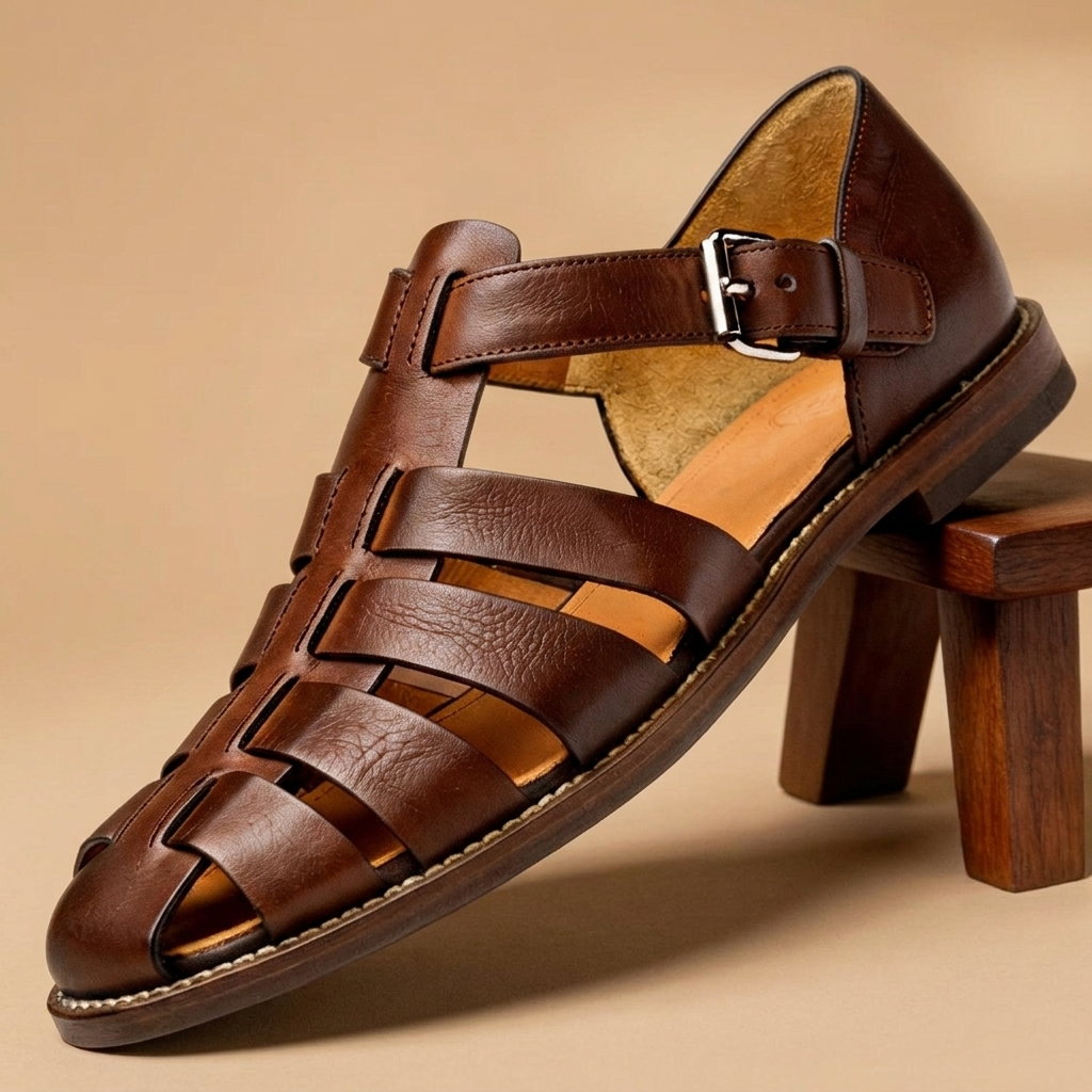 Elegantes sandálias de pescador masculinas em couro. Confortáveis com tiras, perfeitas para o dia a dia e verão.