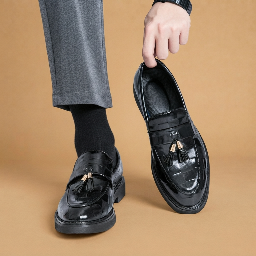 Mocassins de couro masculinos com borlas. Conforto e durabilidade. Calçado formal clássico.