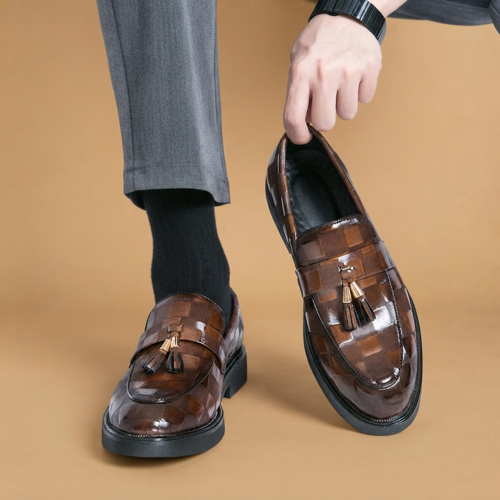 Mocassim social masculino de couro marrom com borlas, ideal para eventos formais e conforto.