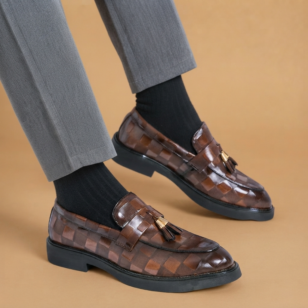 Sapato social masculino de couro com borlas, conforto e estilo clássico para moda homem.