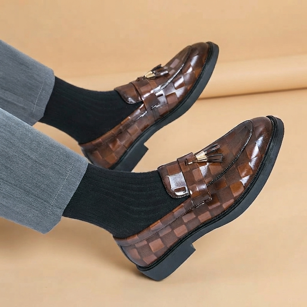 Mocassim de couro premium para homens, borlas decorativas e sola robusta. Calçado formal.