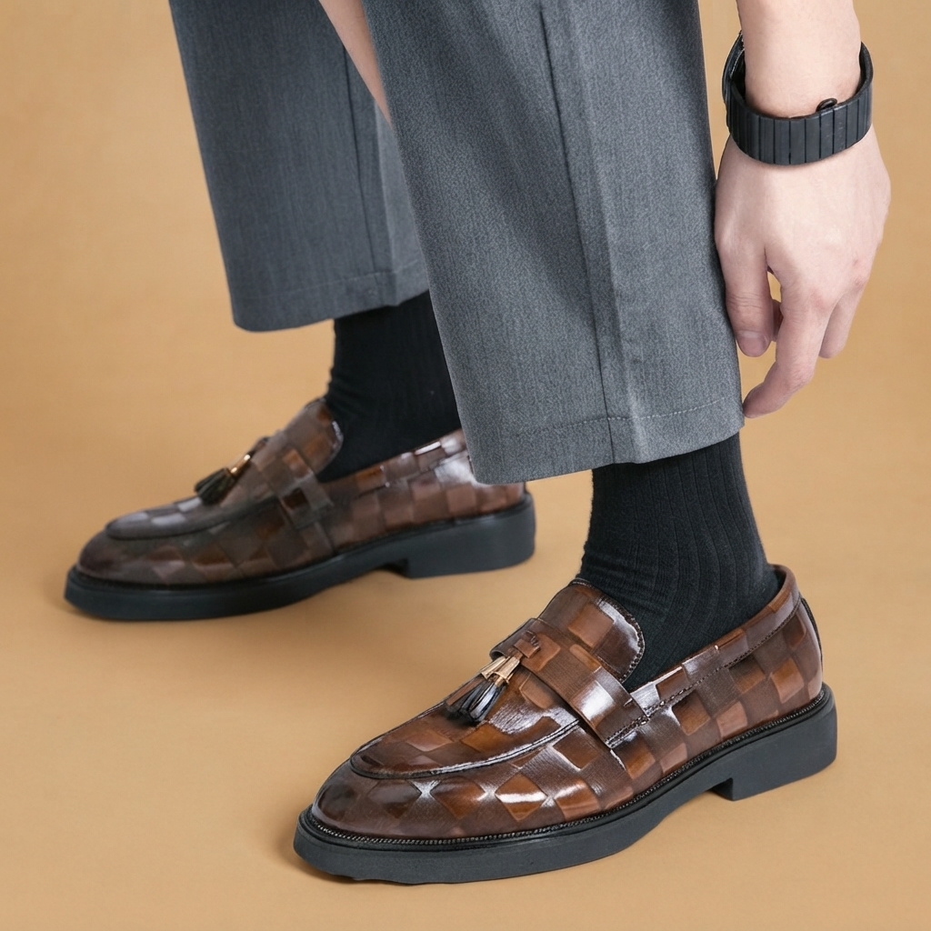 Mocassins masculinos de couro com borlas, estilo clássico e conforto para qualquer ocasião.
