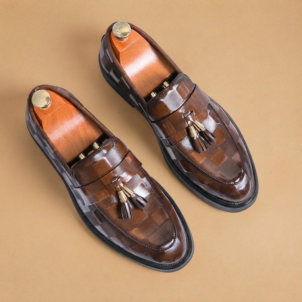 Mocassim clássico de couro masculino com borlas, design atemporal e conforto superior.