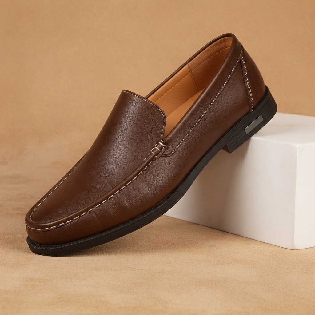 Mocassins de couro genuíno pretos, vista frontal clássica de calçado masculino slip-on elegante e versátil.