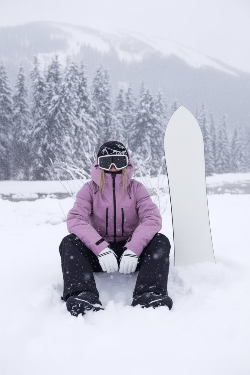 Mulher com casaco de neve impermeável azul, com capuz, pronta para aventuras na montanha e ski no inverno.