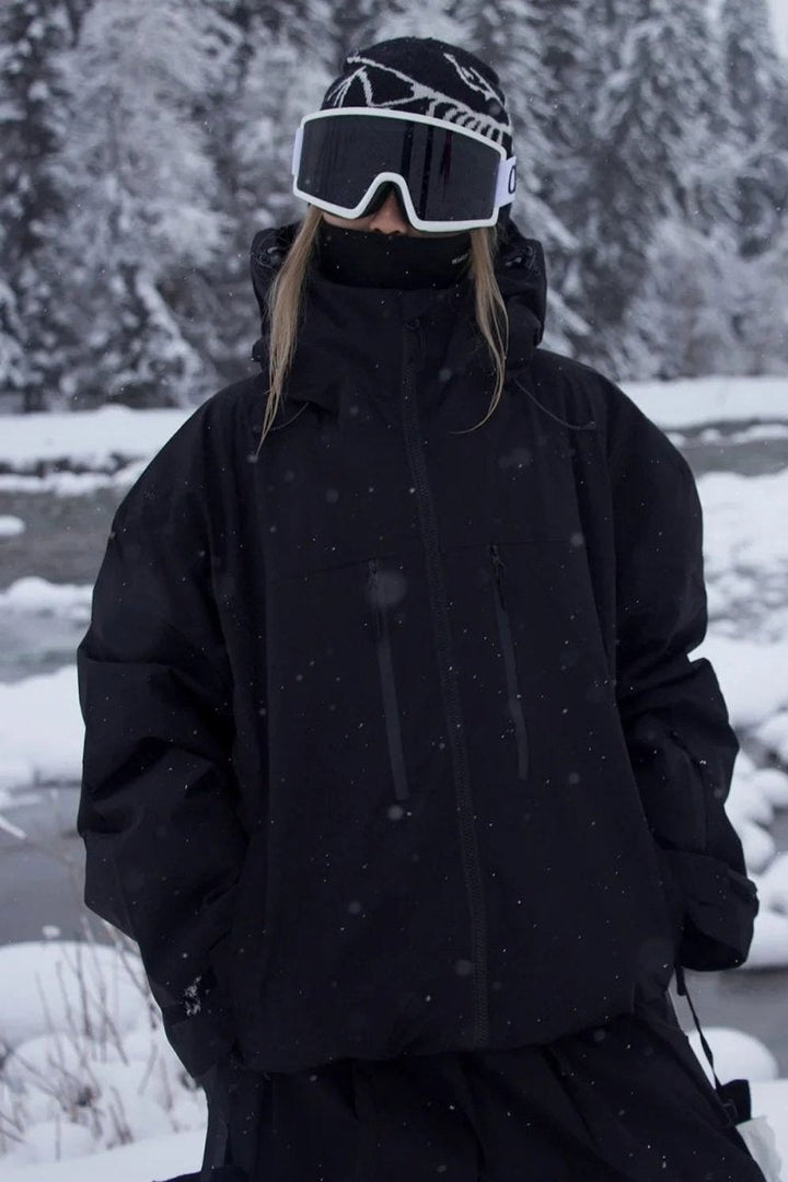 Casaco de neve feminino impermeável com capuz para inverno, ideal para desportos de montanha e ski.