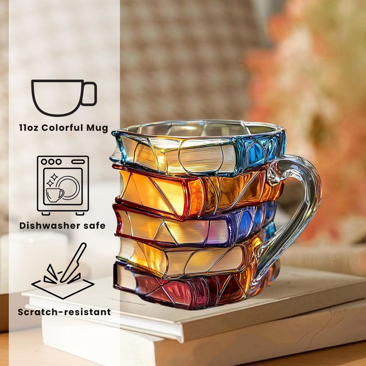 Caneca 3D "Leitura Feliz" com design mágico para amantes de livros, perfeita para café ou chá e literatura.