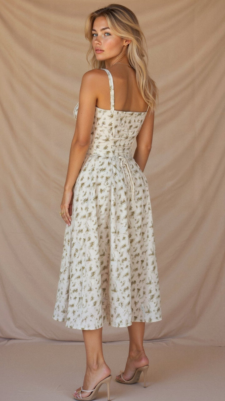 Vestido feminino rodado para o verão, cintura ajustável, ideal para looks casuais e frescos.