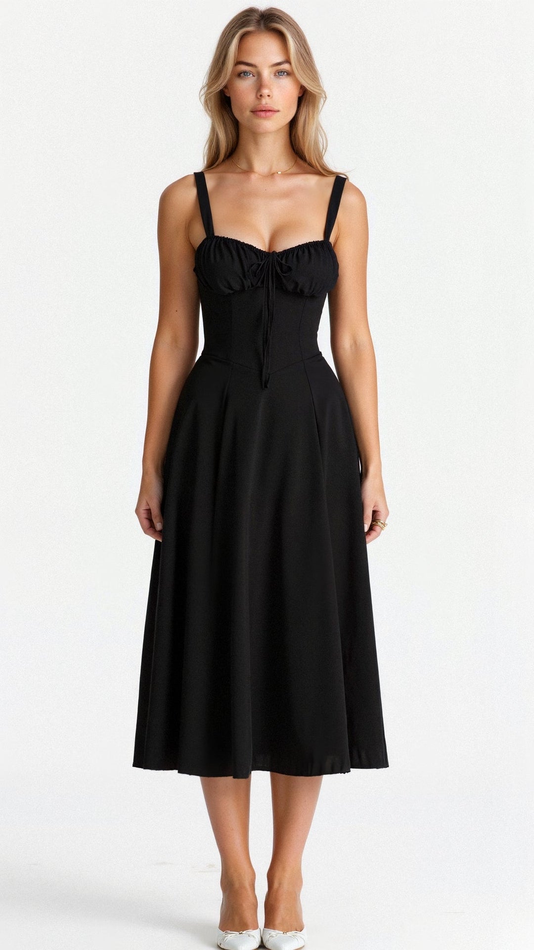 Vestido de verão com ajuste na cintura, feminino, confortável e elegante, tendência atual.