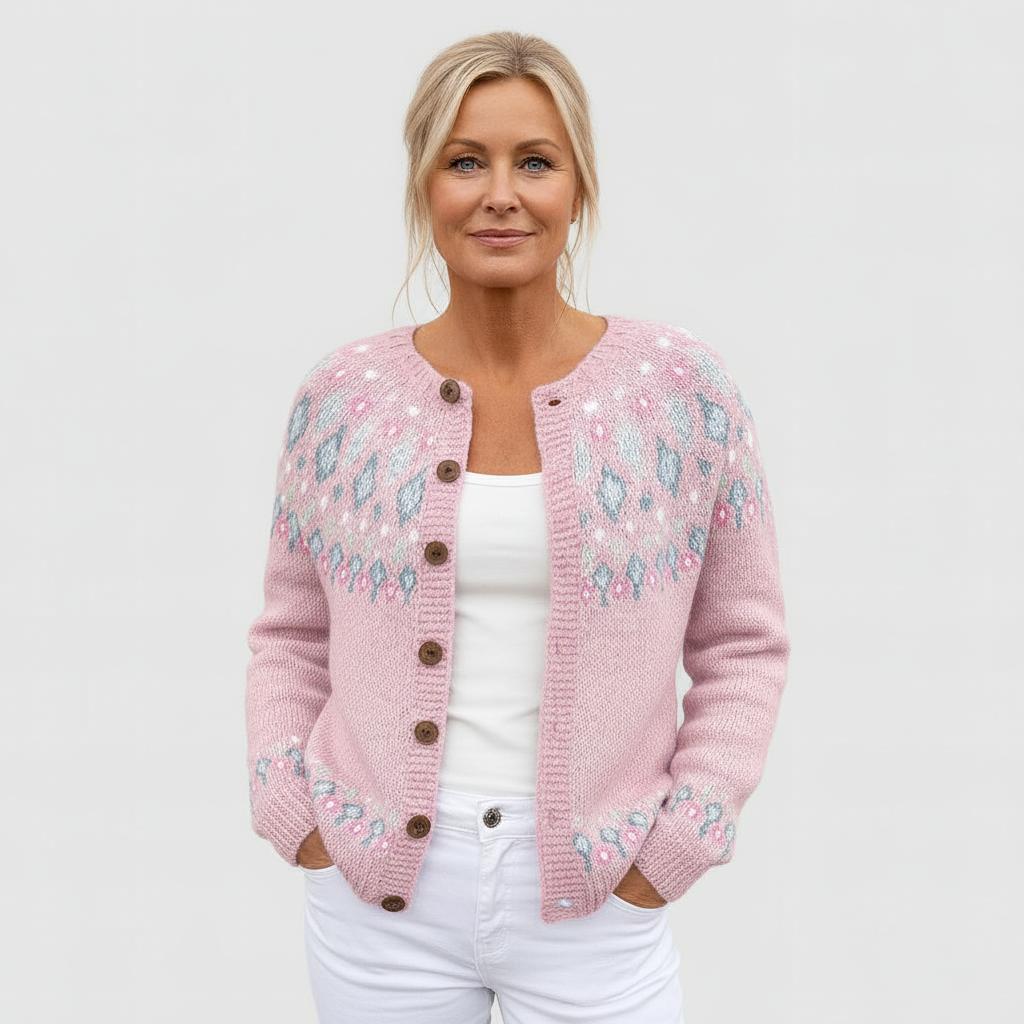 Cardigan feminino rosa solto e aconchegante com padrão estampado. Ideal para look casual de outono/primavera com botões.