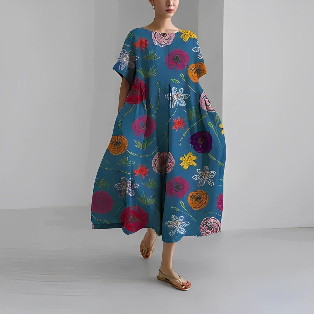 Vestido feminino primavera com estampa floral e estilo boho. Design solto para conforto e look casual chique.