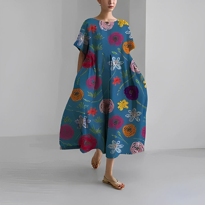 Vestido feminino primavera com estampa floral e estilo boho. Design solto para conforto e look casual chique.