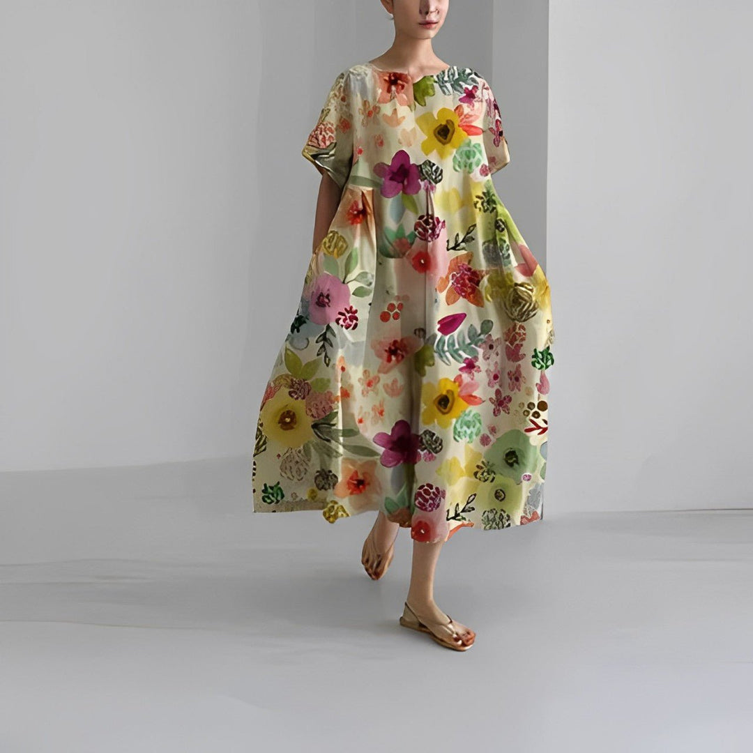 Vestido casual feminino maxi floral boho. Estilo solto e confortável, ideal para o dia a dia na primavera/verão.