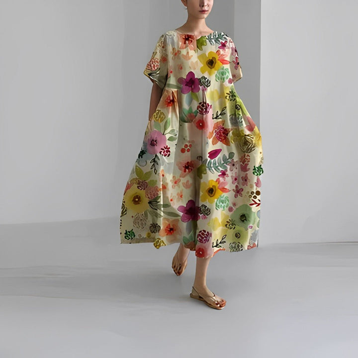 Vestido casual feminino maxi floral boho. Estilo solto e confortável, ideal para o dia a dia na primavera/verão.