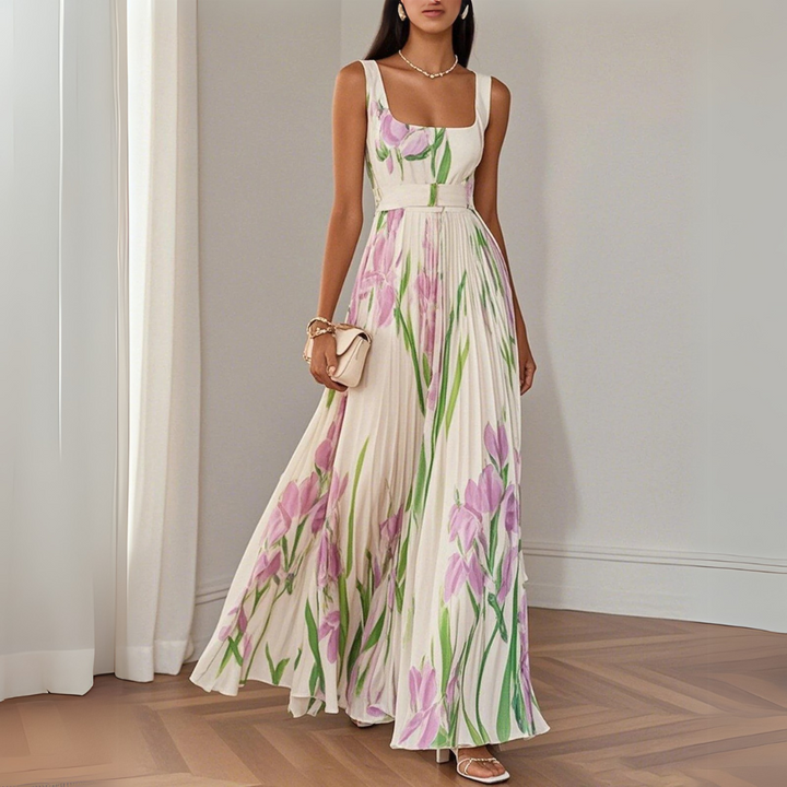 Vestido longo feminino plissado floral, ideal para festas e cerimônias. Estilo elegante e romântico para o verão.