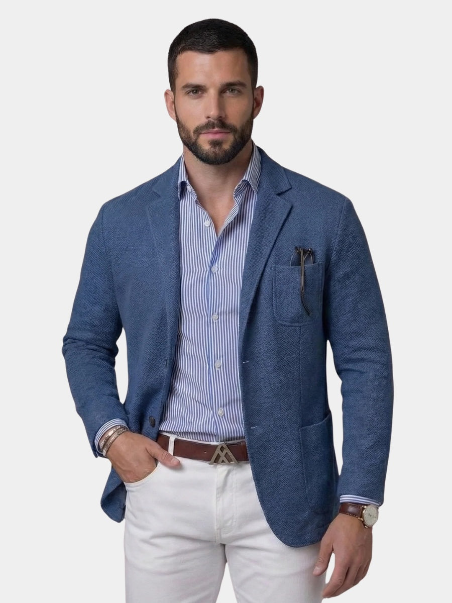 Americana de linho masculina, elegante e descontraída, ideal para verão e primavera, estilo smart casual.