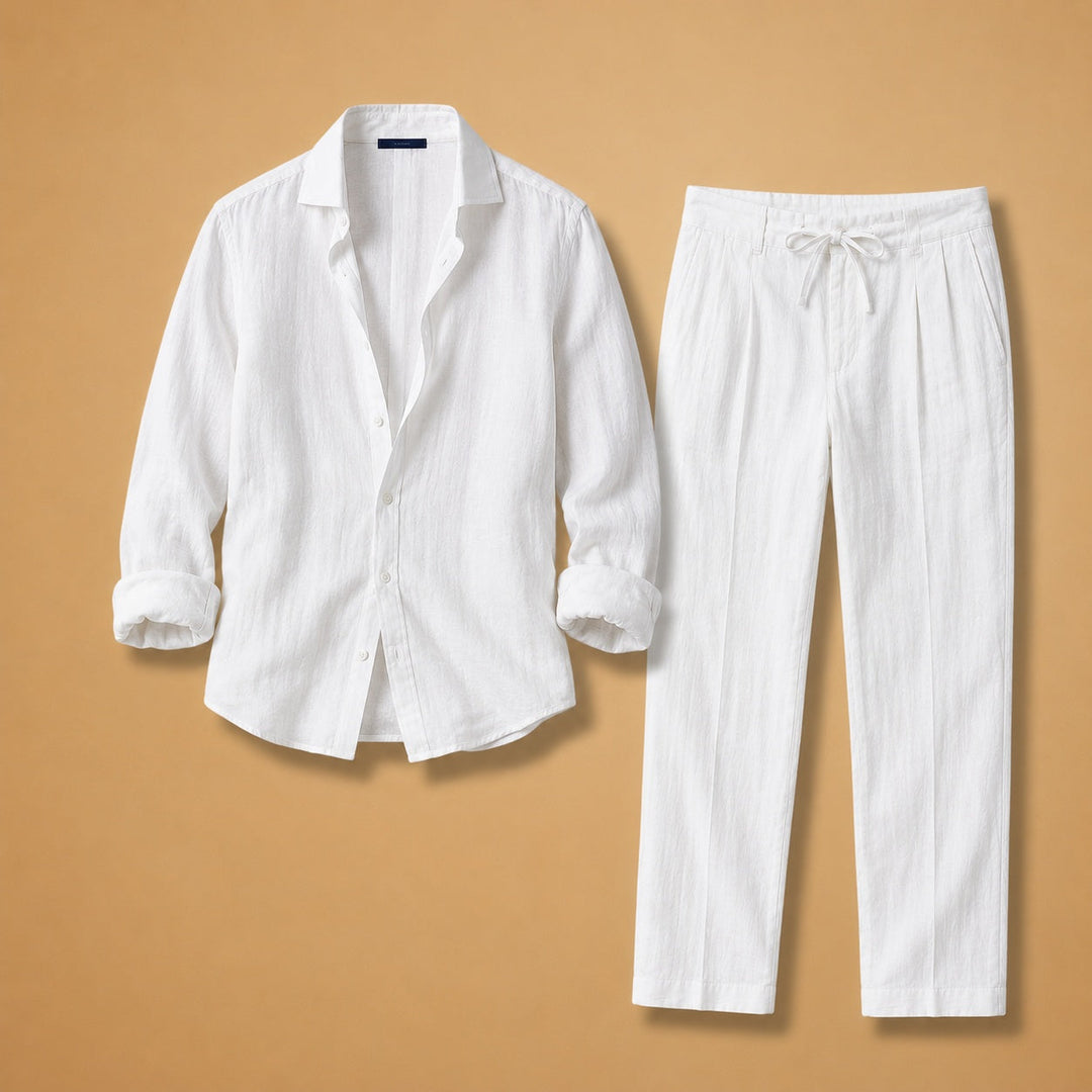 Conjunto masculino de linho branco, camisa manga longa e calças com cordão, ideal para o verão casual e moda praia.