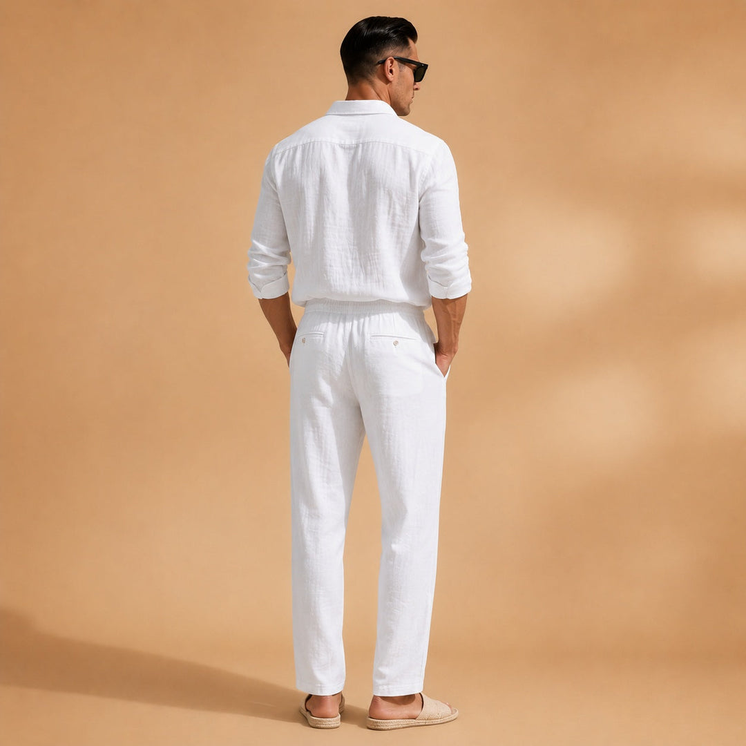 Roupa de verão masculina: conjunto de linho, camisa manga longa e calças. Estilo fresco e confortável para o dia a dia.