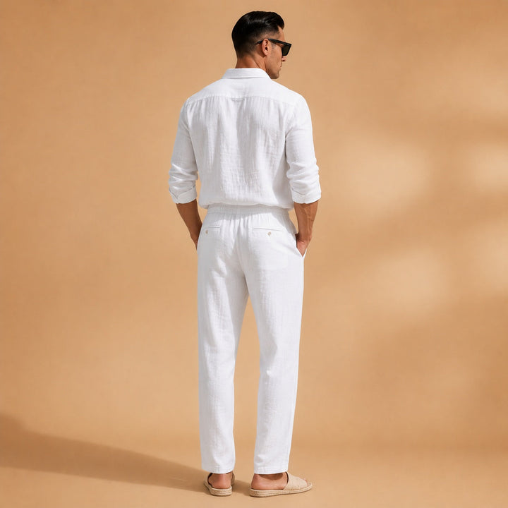 Roupa de verão masculina: conjunto de linho, camisa manga longa e calças. Estilo fresco e confortável para o dia a dia.