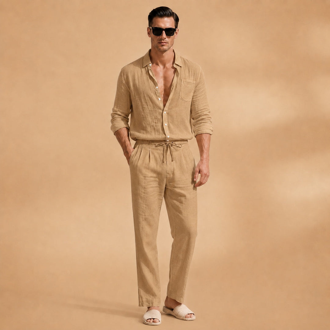 Conjunto de linho masculino branco, camisa e calças, tecido fresco e respirável, perfeito para o verão e casual chic.