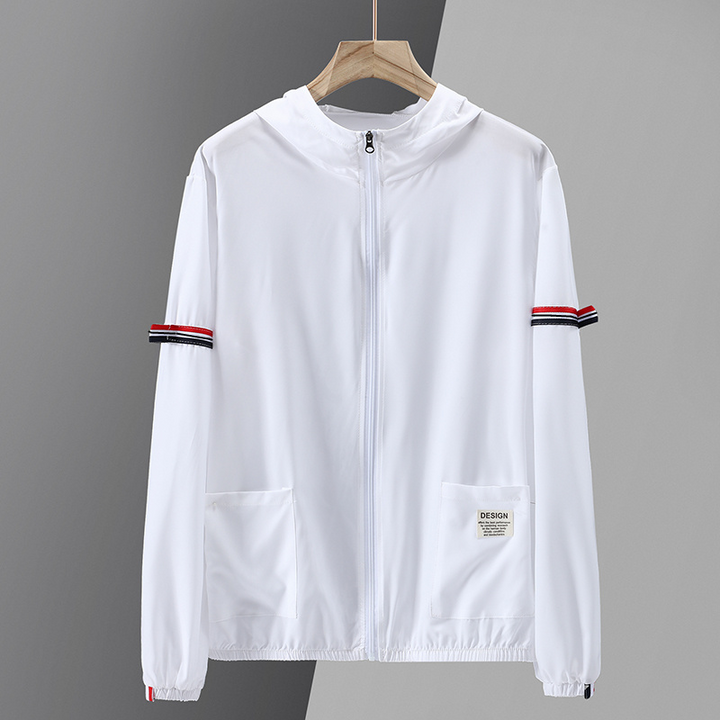 Jaqueta corta-vento masculina com capuz, ideal para primavera/outono, look casual e resistente ao vento.