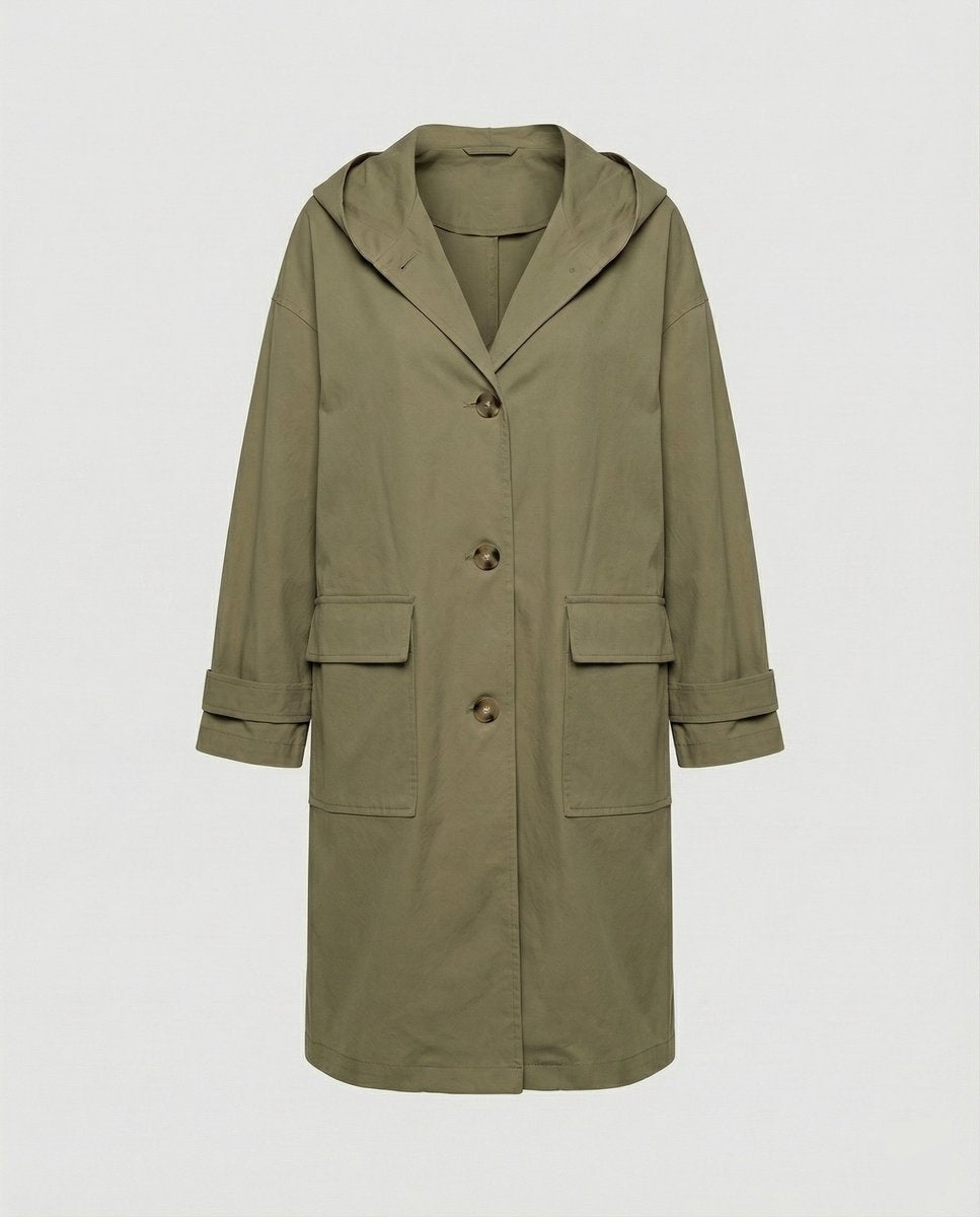 Gabardina feminina comprida, impermeável e com capuz. Essencial para outono/inverno, oferece conforto e elegância.