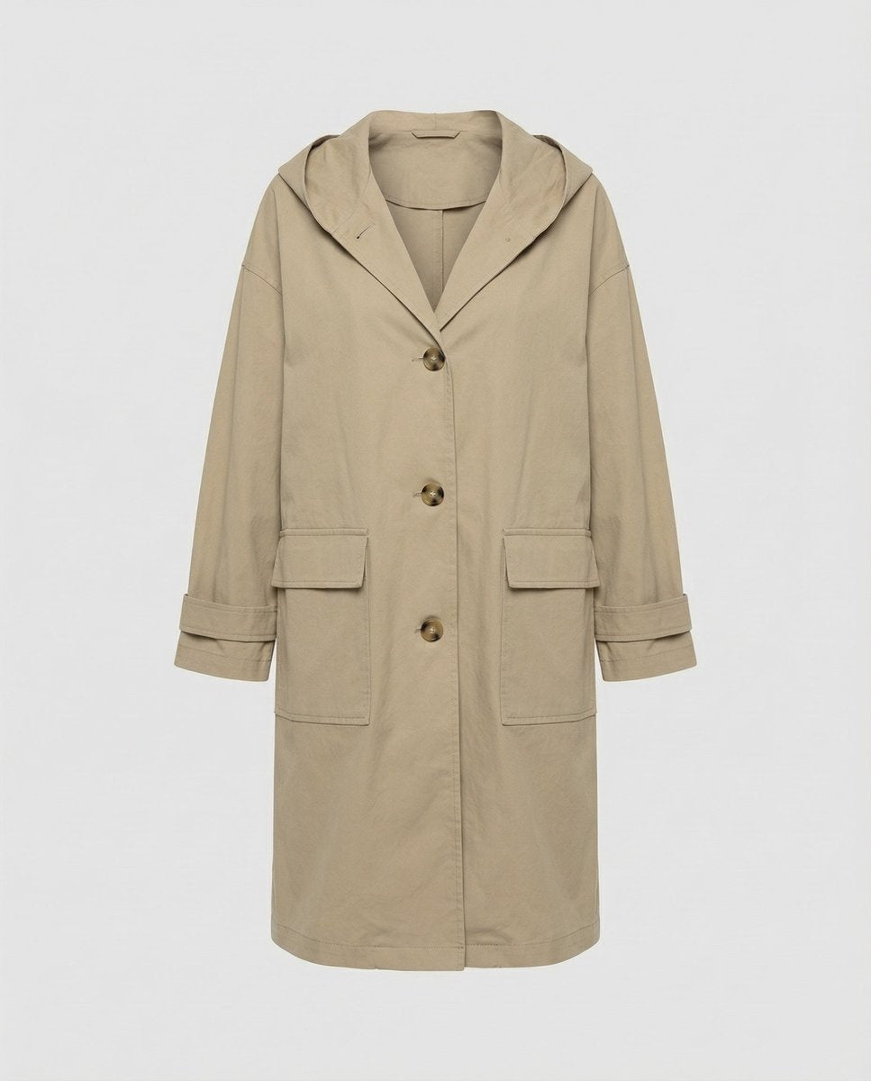 Casaco comprido impermeável para mulher, com capuz. Gabardina de outono/inverno para proteção e conforto.