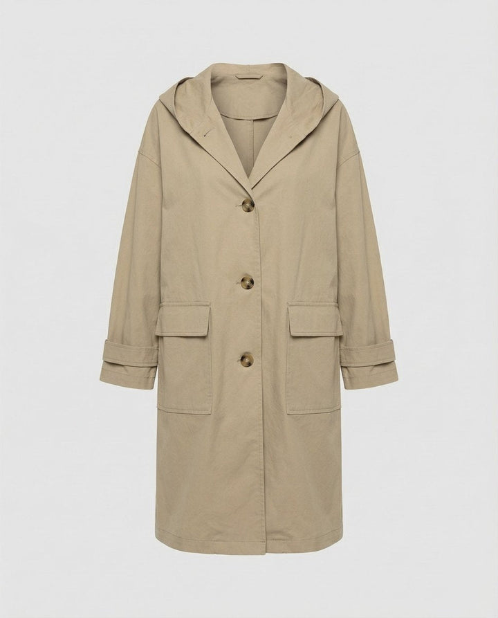 Casaco comprido impermeável para mulher, com capuz. Gabardina de outono/inverno para proteção e conforto.