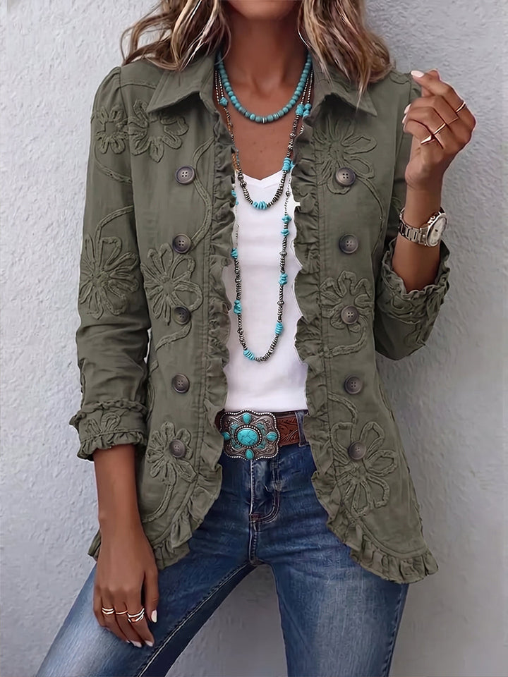 Casaco feminino retro bordado com volantes, estilo elegante para outono/inverno. Versátil jaqueta para mulher.