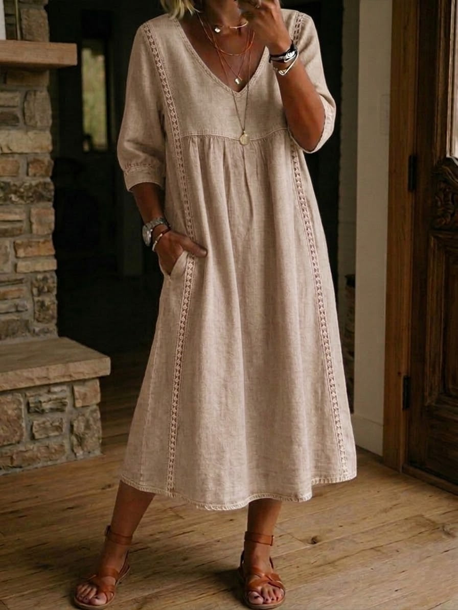 Vestido midi amplo com renda, vestimenta feminina elegante e confortável para a mulher moderna, casual e chic.