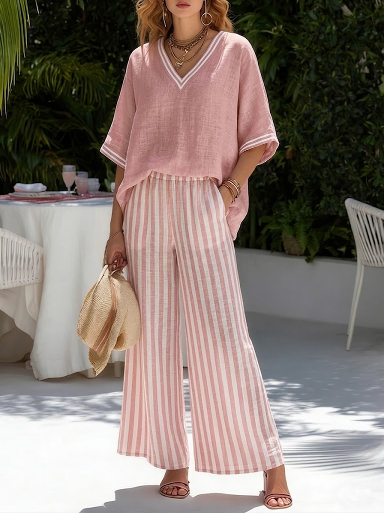 Conjunto feminino de linho com riscas elegantes, ideal para um look casual chic e confortável de verão.