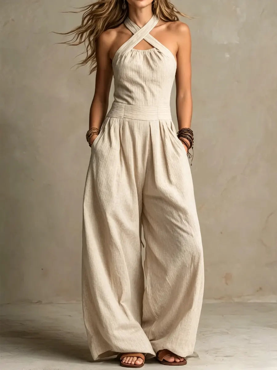Macacão feminino confortável em linho e algodão, perfeito para o verão ou viagem. Estilo versátil.