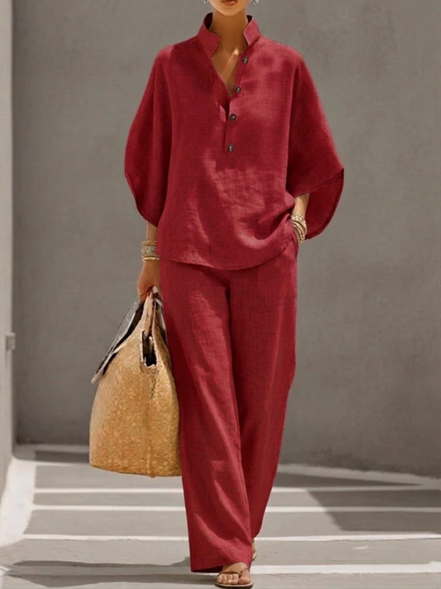 Conjunto primavera verão confortável com calças largas e blusa feminina de mangas morcego.