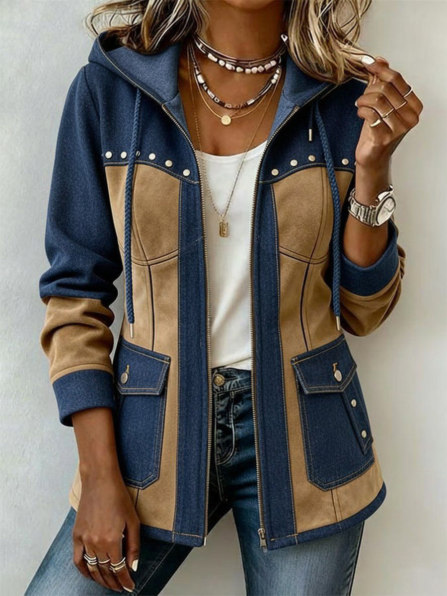 Casaco feminino marinho e camel com capuz, jaqueta versátil para outono/inverno. Estilo moderno e casual para mulheres.