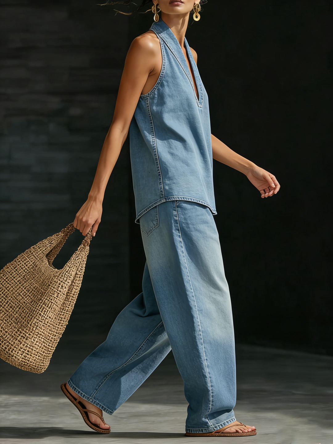 Conjunto de denim para mulher, estilo casual e confortável, com top sem mangas e calças largas. Moda de verão.