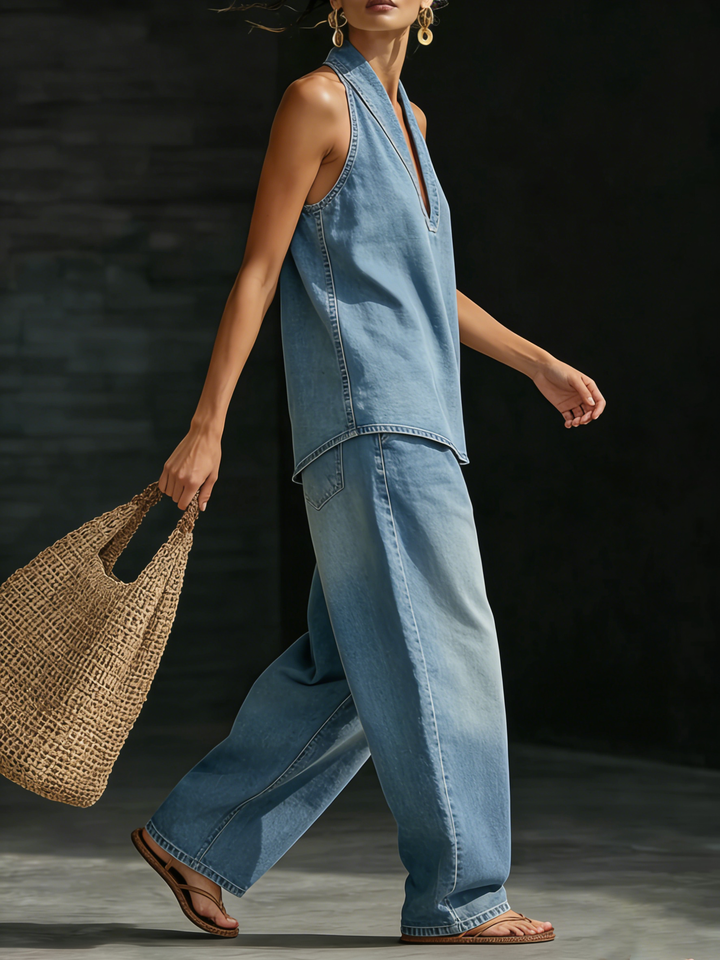 Conjunto de denim para mulher, estilo casual e confortável, com top sem mangas e calças largas. Moda de verão.