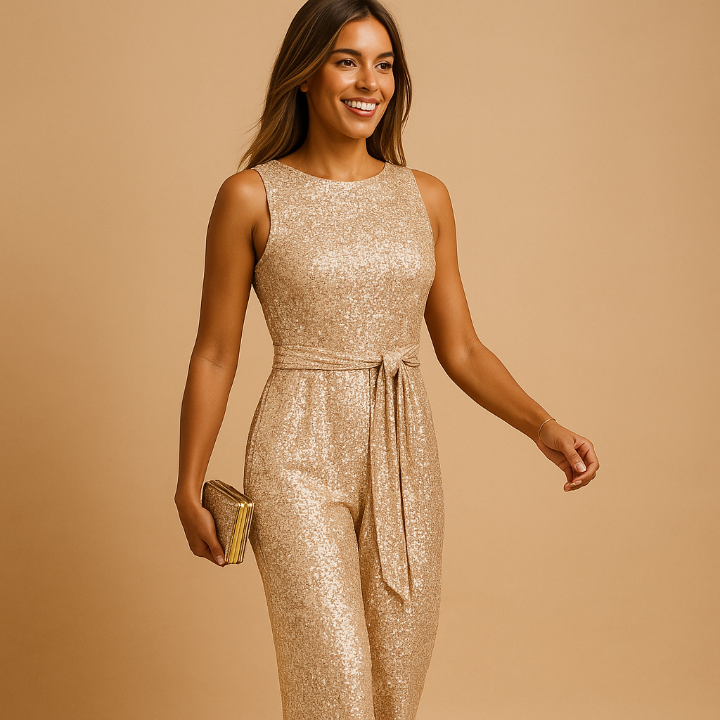 Macacão feminino glamouroso de lantejoulas para festa e noite. Jumpsuit elegante e moderno para eventos especiais.