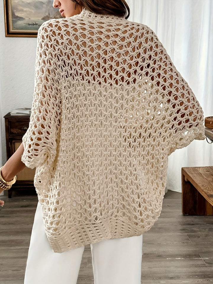 Cardigan feminino de crochet leve, manga morcego, frente aberta, versátil para verão e outfits boho.